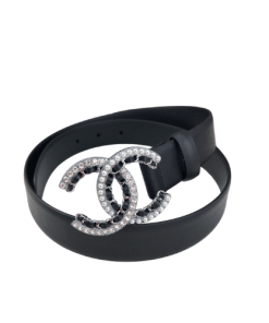 Chanel Cc Logo In Silver Metal And Black Leather 28Mm