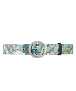 Gucci Gg Silver Buckle Blue Sakora Flower Belt 4Cm