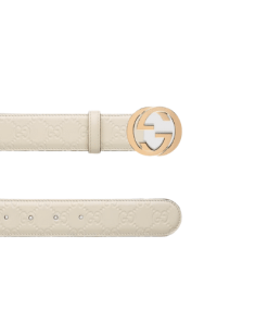 Gucci Calfskin Monogram White Belt Gold Metal 3.5Cm