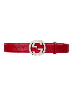 Gucci Calfskin Monogram Red Belt Silver Metal 3.5Cm