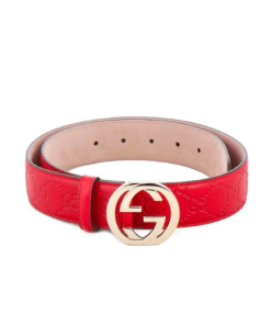 Gucci Calfskin Monogram Red Belt Gold Metal 3.5Cm