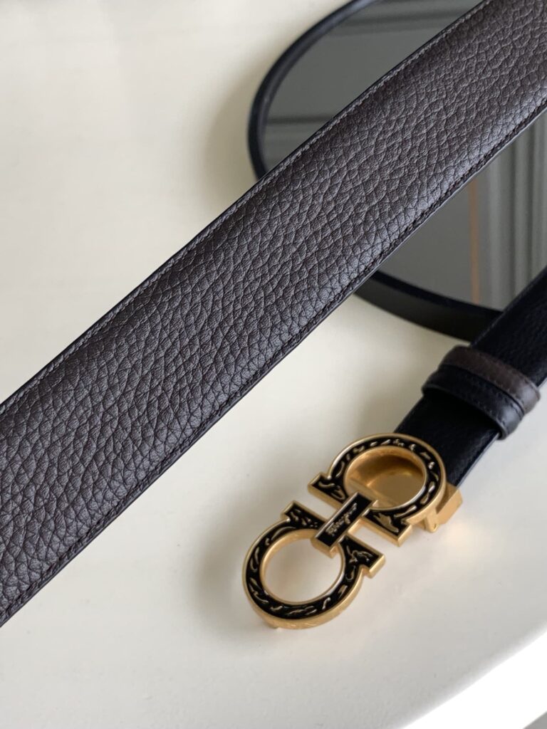 Salvatore Ferragamo Reversible And Gancini Gold Pattern Belt  3.5Cm - Image 2