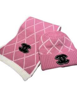 Chanel Beanie Hat And Scarf Pink Wool Set