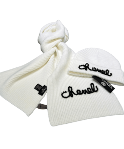 Chanel Beanie Hat And Scarf White Wool Set