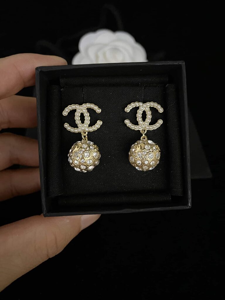 Chanel New Cc Gold Ball Crystal Pearl Drop Earrings - Image 7