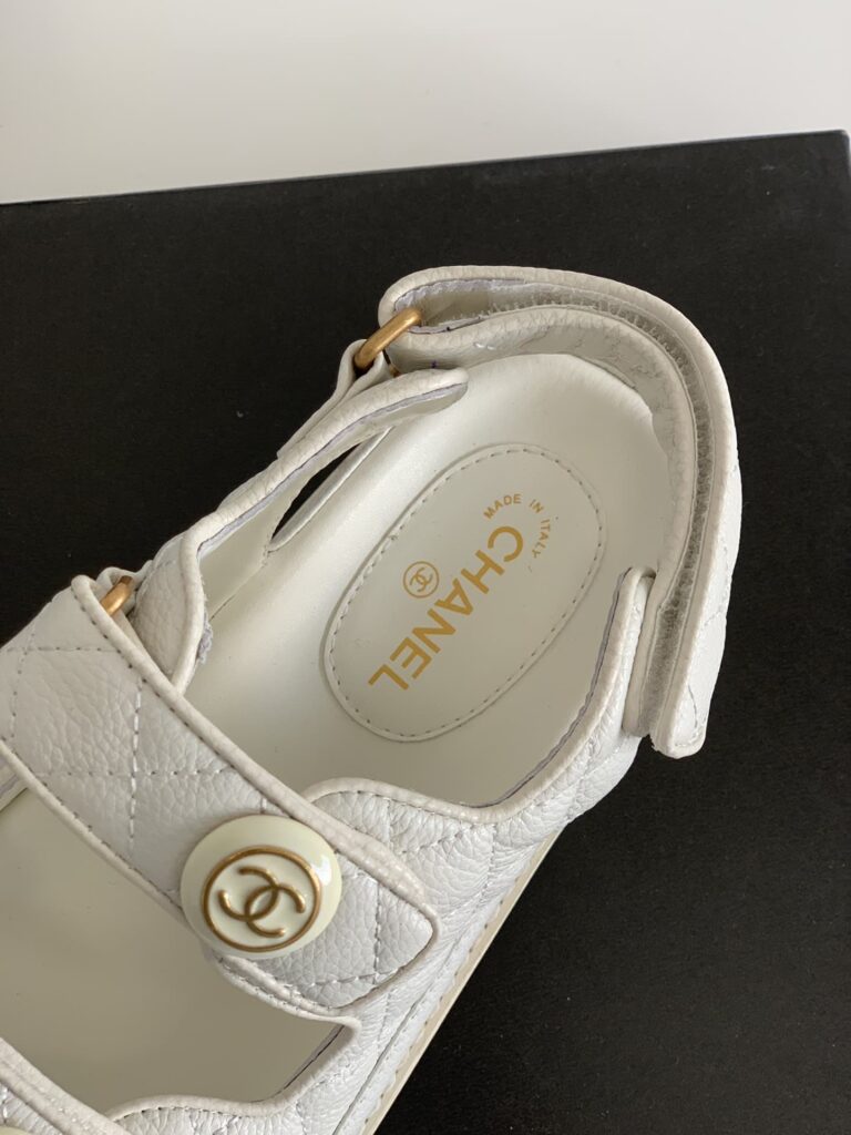 Chanel Cc Button Velcro White Sandals Grained Calfskin Leather - Image 3