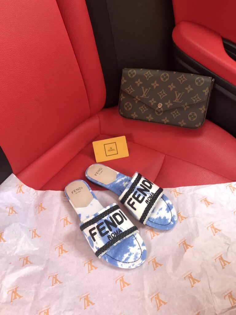 Fendi Logo-Embroidered Mule Slides Light Blue - Image 4