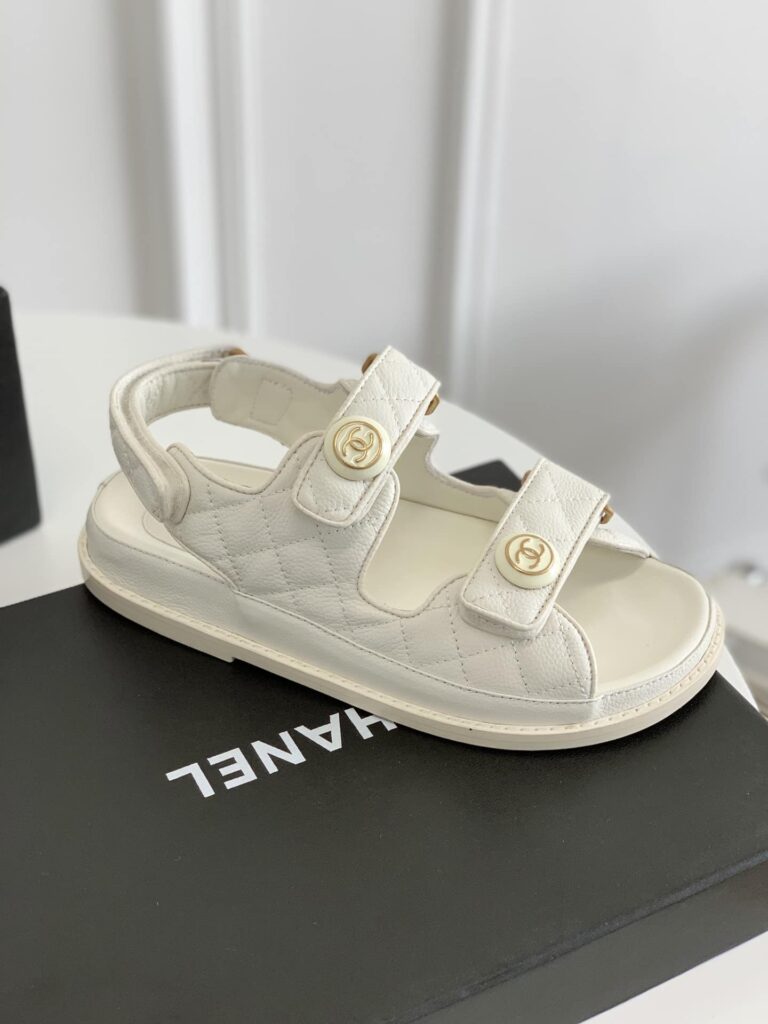 Chanel Cc Button Velcro White Sandals Grained Calfskin Leather - Image 5