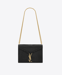 Saint Laurent Cassandra Croc-Embossed Shiny Leather Cross-Body Bag Black