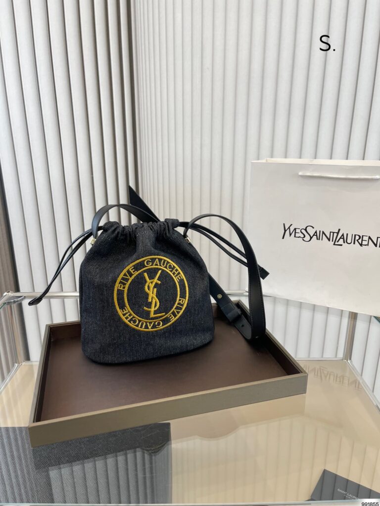 Saint Laurent Rive Gauche Laced Bucket Bag In Embroidered Felt And Smooth Leather Denim Black - Image 5