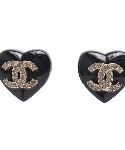 Chanel Cc Black Heart Earrings