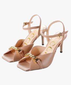 Gucci Metal Chain Stiletto Heels Flip Flop Fish Mouth Sandals Patel Pink
