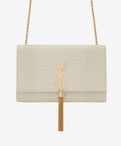 Saint Laurent Kate Medium Chain Bag With Tassel In Crocodile-Embossed Shiny White 354119Dnd0J9207