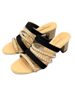 Chanel 20P Pearl Strap Cc Logo Sandal Mule Block Heel Beige