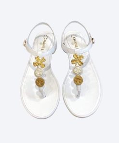 Chanel Camellia Thongs Sandals With Gold Leaf Clover White
