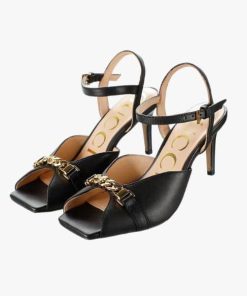 Gucci Metal Chain Stiletto Heels Flip Flop Fish Mouth Sandals Black