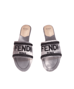 Fendi Logo-Embroidered Mule Slides Light Grey