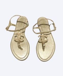 Chanel Gold Pearl Cc Logo Thong Sandals Golden