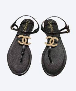 Chanel Gold Pearl Cc Logo Thong Sandals Black