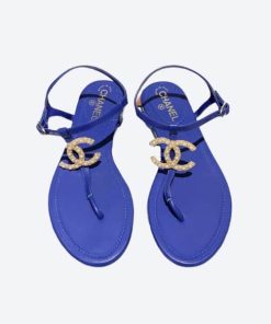 Chanel Gold Pearl Cc Logo Thong Sandals Blue