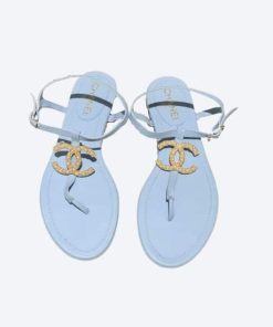 Chanel Gold Pearl Cc Logo Thong Sandals Light Blue