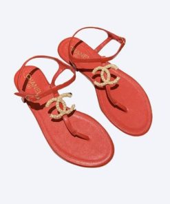 Chanel Gold Pearl Cc Logo Thong Sandals Red