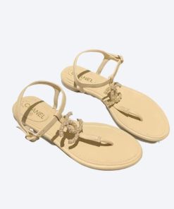 Chanel Gold Pearl Cc Logo Thong Sandals Beige