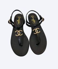 Chanel Gold Cc Logo Thong Sandals Black