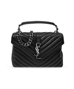 Saint Laurent College Medium Silver Chain In Quilted Black Silver 24Cm 600279Brm041000