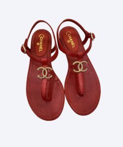 Chanel Gold Cc Logo Thong Sandals Wine Red