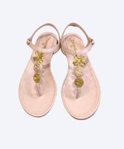 Chanel Camellia Thongs Sandals With Gold Leaf Clover Pink