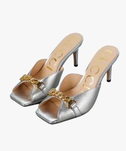 Gucci Chain Stiletto Heels Flip Flop Fish Mouth Mule Sandals Sliver