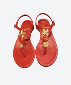 Chanel Camellia Thongs Sandals With Gold Leaf Clover Wine Red