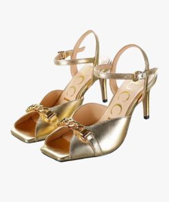 Gucci Metal Chain Stiletto Heels Flip Flop Fish Mouth Sandals Gold