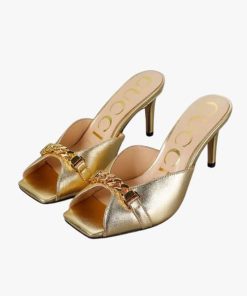 Gucci Chain Stiletto Heels Flip Flop Fish Mouth Mule Sandals Gold