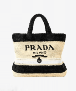Prada Raffia Large Tote With Beige And Black