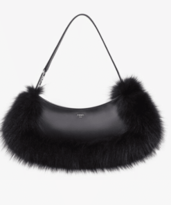 Fendi O’Lock Swing Camellia Leather And Fox Fur Pouch Black 8Bs068Als9F1Ju3
