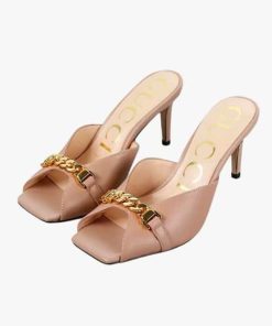 Gucci Chain Stiletto Heels Flip Flop Fish Mouth Mule Sandals Patel Pink