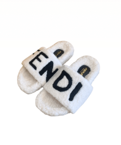 Fendi Fleece Black Text Slippers White
