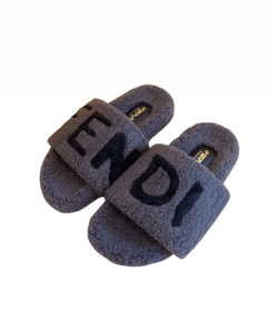 Fendi Fleece Black Text Slippers Grey