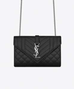 Saint Laurent Envelope Small Bag In Mix Matelassé Grain De Poudre Embossed Black Silver 21Cm 600195Bow921000