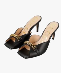 Gucci Chain Stiletto Heels Flip Flop Fish Mouth Mule Sandals Black