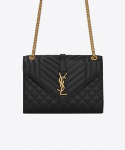 Saint Laurent Envelope Medium Chain Bag In Supple Matelassé Leather Black Gold 24Cm 6001850O7S11000