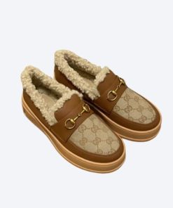 Gucci Fleece Collar Loafers Gg Beige And Brown Leather