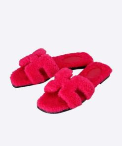 Hermes Shearling Oran Pink Slipper Sandals