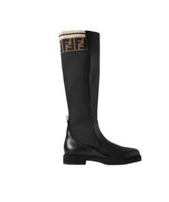 Fendi Rockoko Leather Ankle Long Boots With Beige Stretch Fabric Black