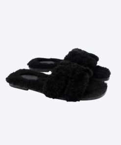 Hermes Shearling Oran Black Slipper Sandals