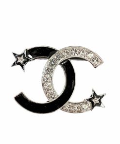 Chanel Cc Brooch Silver And Black With Two Small Stars