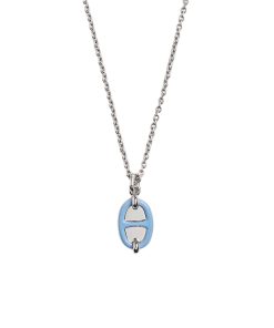 Hermes Mini Maillon Pendant Small Model Necklace Silver Tone With Light Blue H100053Fpc5