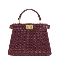 Fendi Peekaboo Iseeu Camellia Interlace Leather Bag Dark Red 28Cm